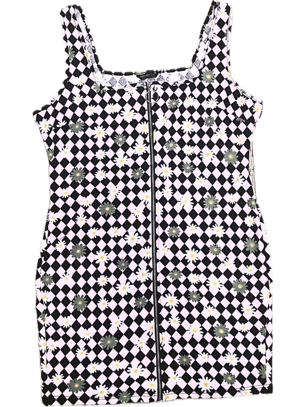 SHEIN Black & Pink Checkerboard Daisy Zip-Front Mini Dress